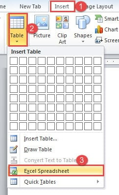 Click "Insert" ->Click "Table" ->Choose "Excel Spreadsheet"
