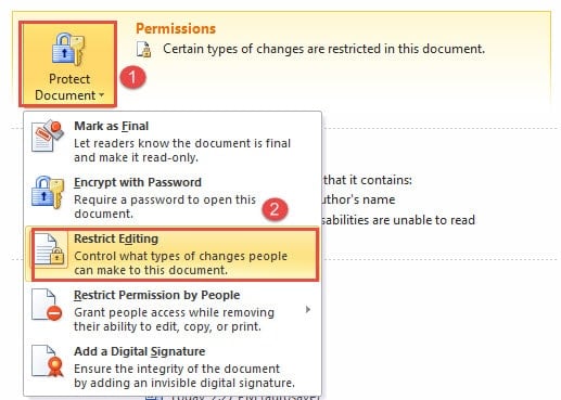 Click "Protect Document" ->Click "Restrict Editing"