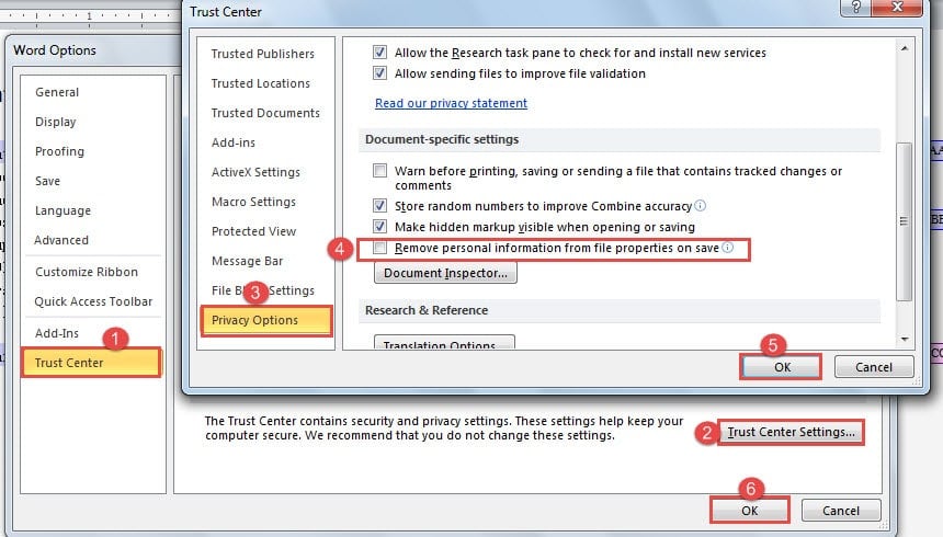 Click "Trust Center" ->Click "Trust Center Settings" ->Click "Privacy Options" ->Clear "Remove personal information from file properties on save" Box ->Click "OK" in Both Boxes