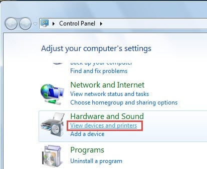 Click "View devices and printers"