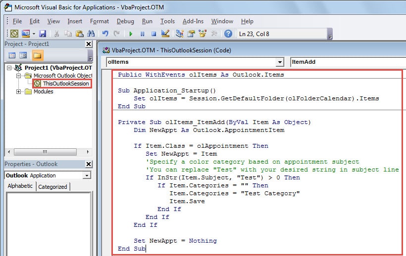 Copy & Paste the VBA Codes in ThisOutlookSession