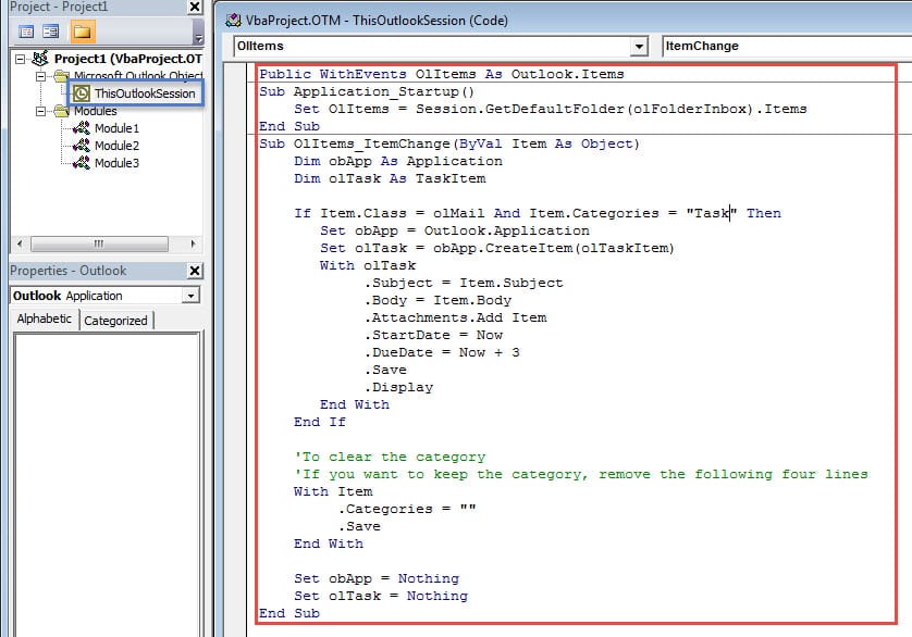 Copy and Paste the Codes in ThisOutlookSession
