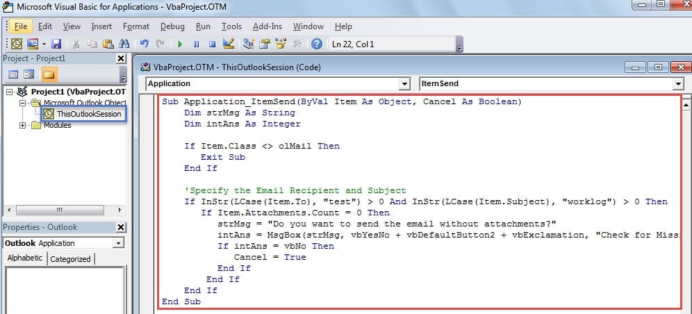Copy the Codes in ThisOutlookSession Project