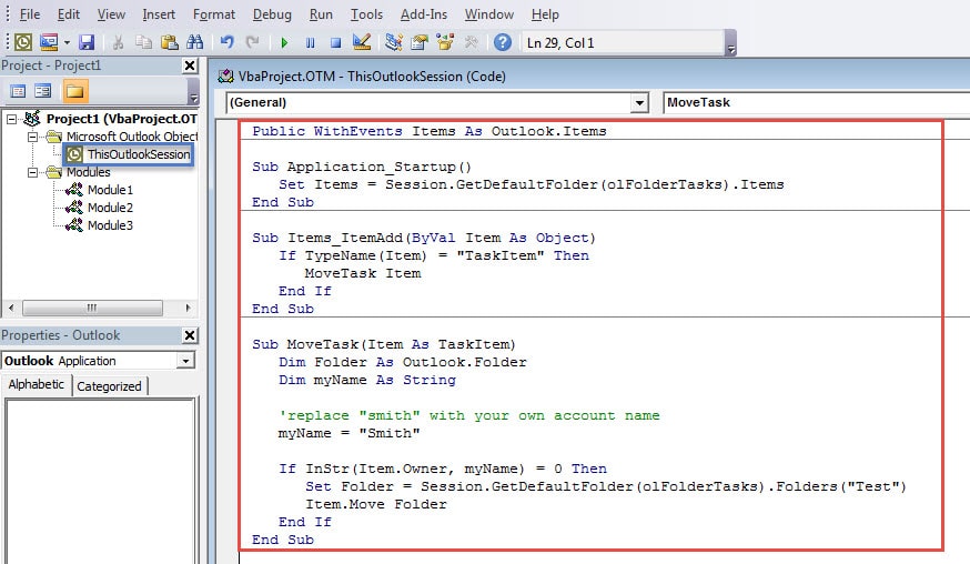 Copy the VBA Codes into ThisOutlookSession