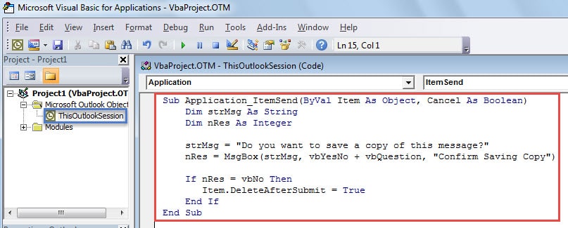 Copy the VBA Codes into ThisOutlookSession Project