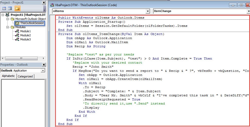 Copy the VBA Codes into ThisOutlookSession
