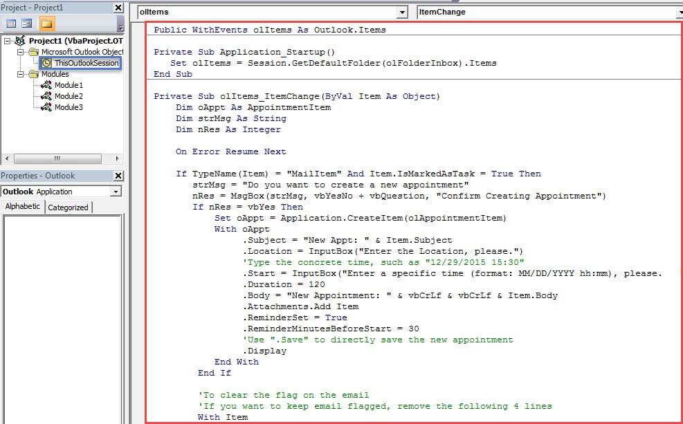 Copy the VBA Codes into the ThisOutlookSession