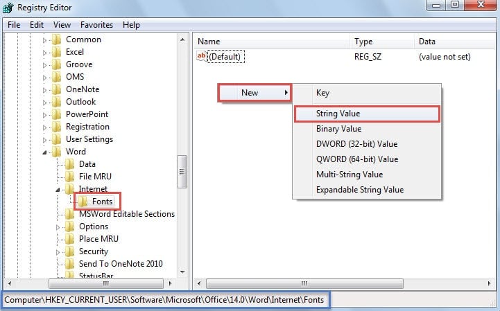 Create a String Value under Fonts Registry Key