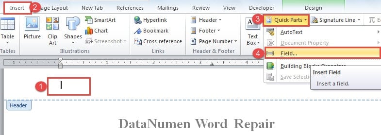 Double Click to Enter Header ->Click "Insert" ->Click "Quick Parts" ->Click "Field"