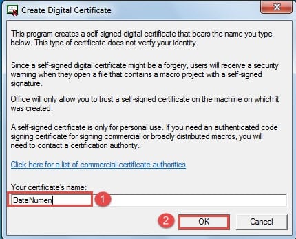 Enter Certificate Name ->Click "OK"