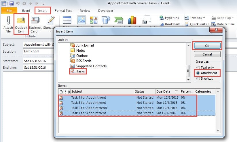 Link Tasks with an Appointment via “Insert Outlook Items”