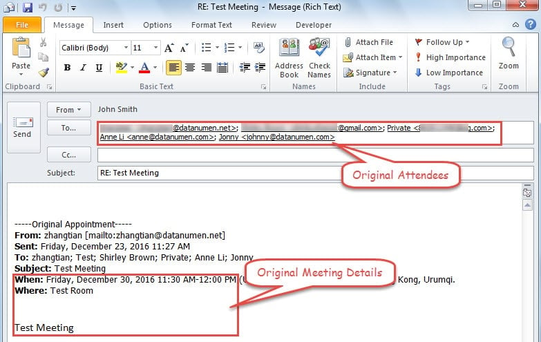 Message with Original Meeting Details