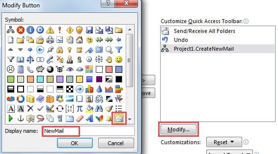 Modify the macro appearance in quick access toolbar