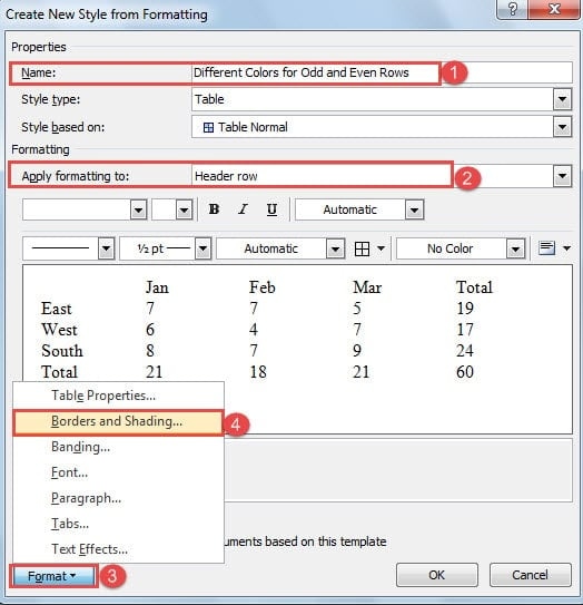 Name the New Style ->Choose "Header row" for "Applying formatting to" ->Click "Format" ->Choose "Borders and Shading"