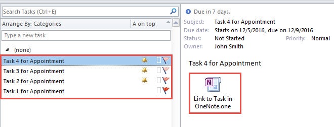 New Tasks Created from OneNote