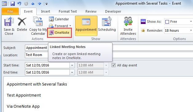 OneNote Button on Event Tab