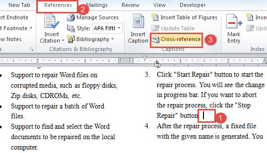 Place Cursor ->Click "References" ->Click "Cross-reference"