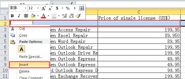 Select Row 2 ->Right Click ->Choose "Insert"