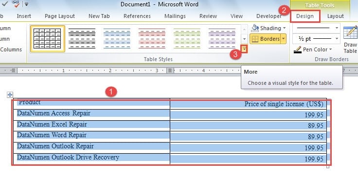 Select Table ->Click "Design" ->Click "More"