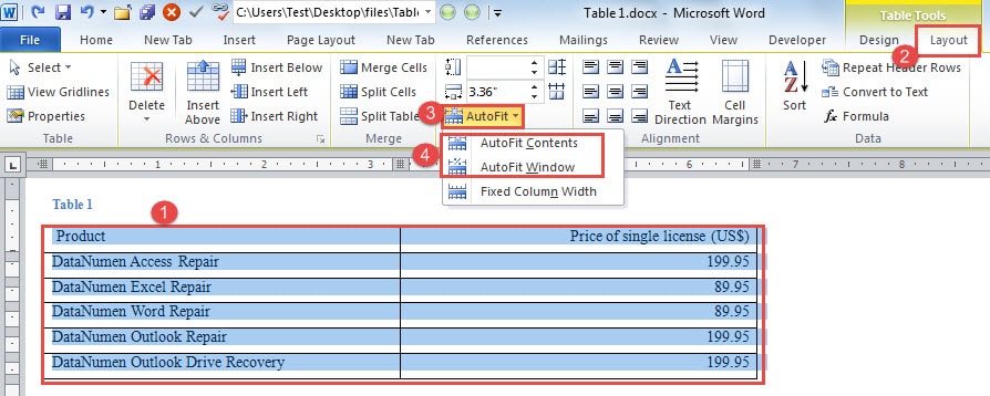 Select Table ->Click "Layout" ->Click "AutoFit" ->Choose Options Accordingly