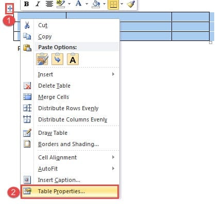 Select Table ->Right Click ->Choose "Table Properties"
