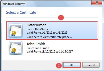 Select a Certificate ->Click "OK"