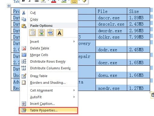 Select "Table" ->Right Click ->Choose "Table Properties"