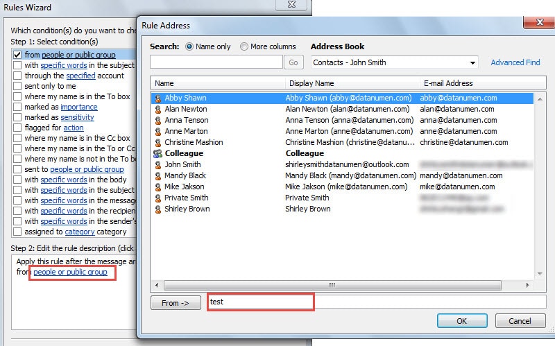 Type specific words in From field of Rule Address