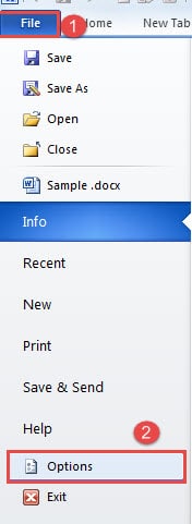 Click "File" ->Click "Options"