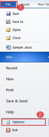 Click "File" ->Click "Options"
