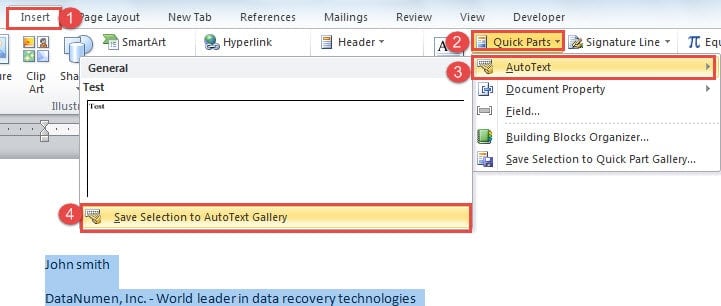 Click "Insert" ->Click "Quick Parts" -> Click "Auto Text" ->Choose "Save Selection to Auto Text Gallery"