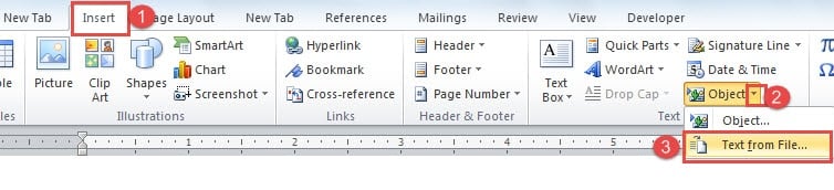 Click "Insert" ->Click the Button on "Object" ->Choose "Text from File"