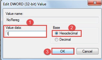 Input "1" as Value Data -> Choose "Hexadecimal" -> Click "OK"