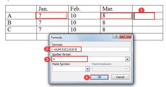 Put Cursor ->Input Cells' Names in Formula ->Choose Number Format ->Click "OK"