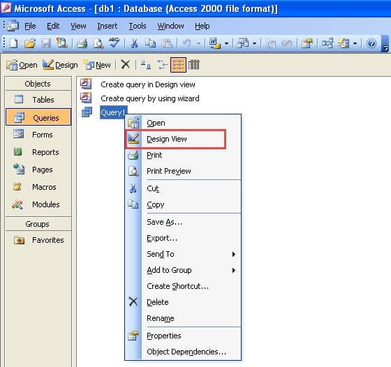 Select The Query And Select Design View