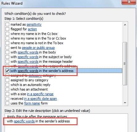Outlook Rule: with specific words in sender's address