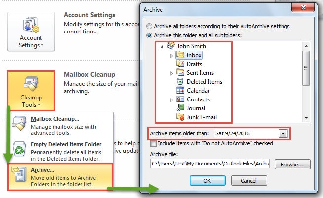 create outlook 2016 archive folder