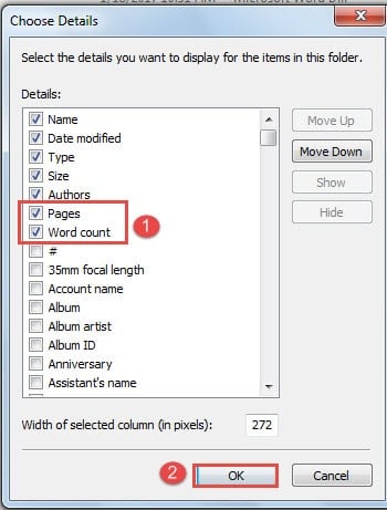 Check "Pages" and "Word count" Boxes ->Click "OK"