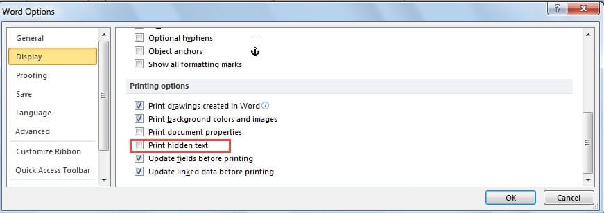 Check "Print hidden text" Box Not Selected
