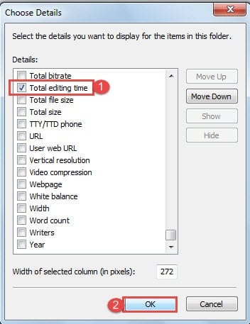 Check "Total editing time" Box->Click "OK"
