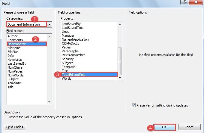 Choose "Document Information" as Categories ->"DocProperty" as Field Names ->"TotalEditingTime" as Property ->Click "OK"