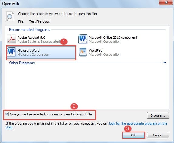 Choose the Default Program ->Check to Always Use This Program ->Click "OK"