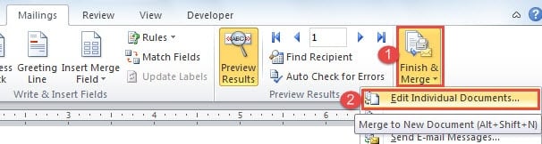 Click "Finish&Merge"->Click "Edit Individual Documents"