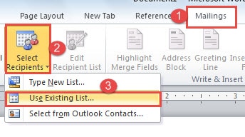 Click "Mailings"->Click "Select Recipients"->Click "Use Existing List"