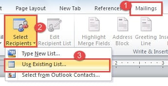 Click "Mailings" ->Click "Select Recipients" ->Click "Use Existing List"