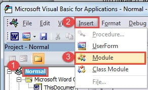 Click "Normal"->Click "Insert"->Click "Module"