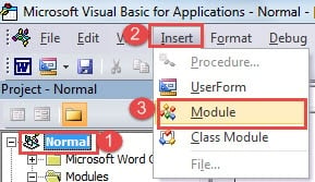 Click "Normal" ->Click "Insert" ->Click "Module"