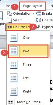 Click "Page Setup" ->Click "Columns" ->Click "Two"