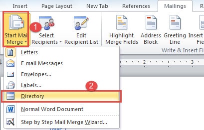 Click "Start Mail Merge"->Click "Directory"