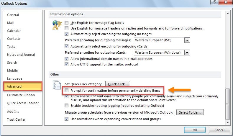 Disable Warning Message When Permanently Deleting Outlook Items